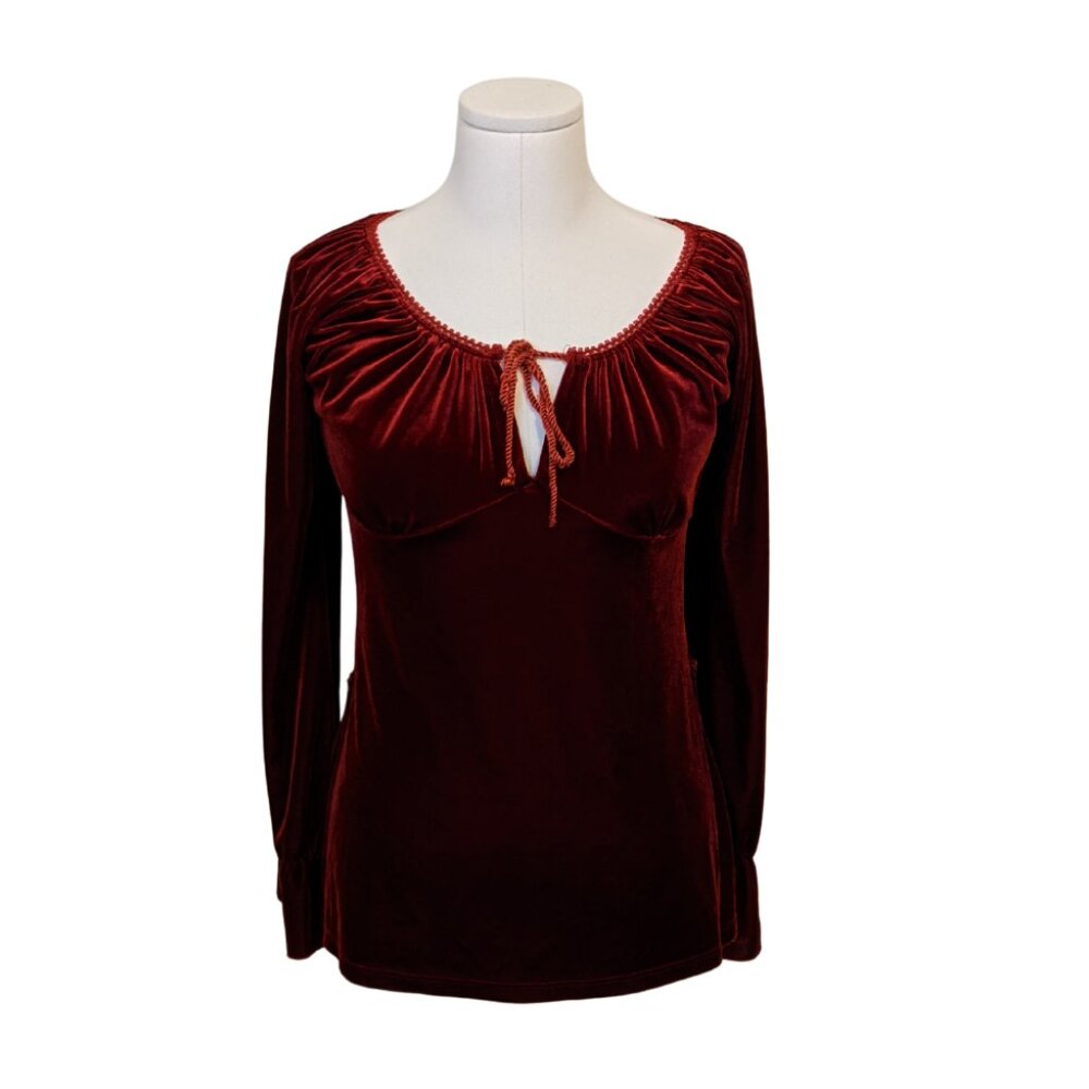 Vintage Burgundy Velvet Long Sleeve Scoop Neck Blouse